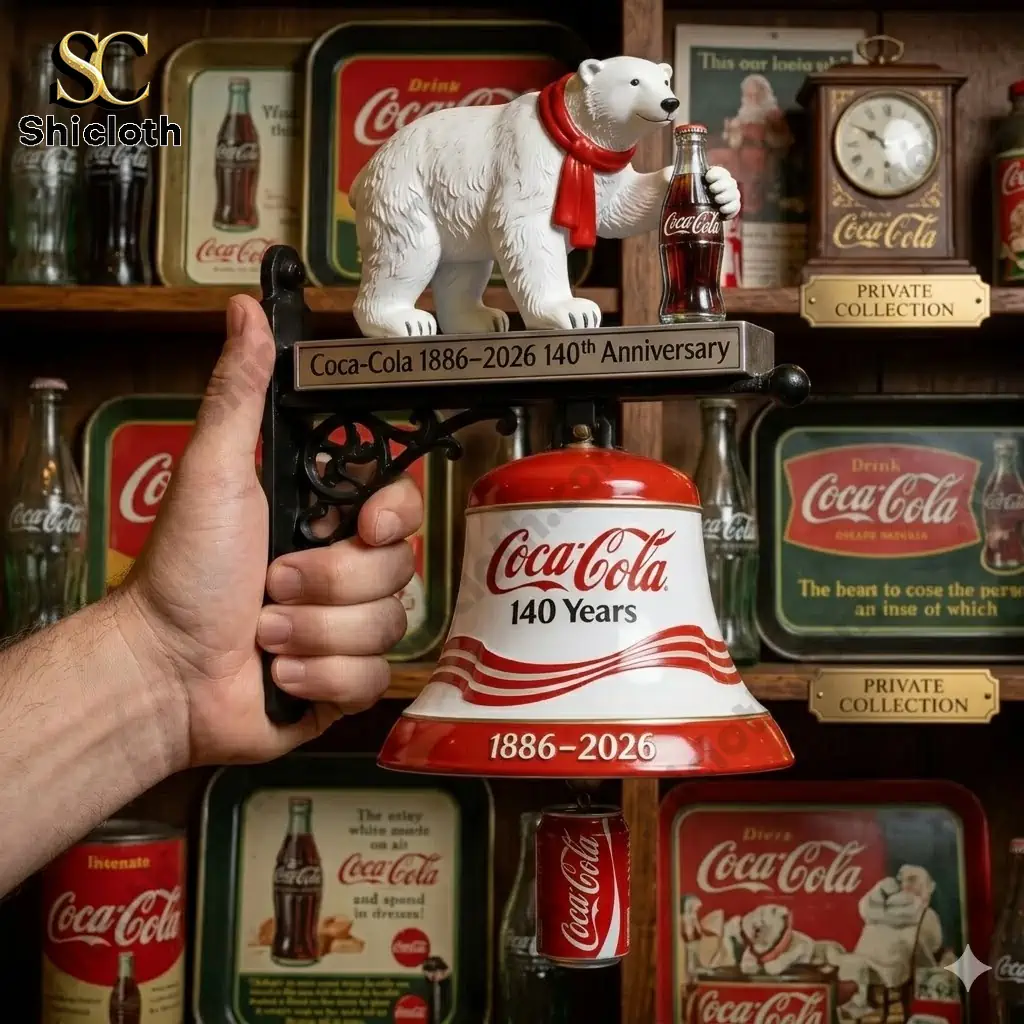 Hand holding Coca Cola 140 Years commemorative wall bell with polar bear figure and vintage display background