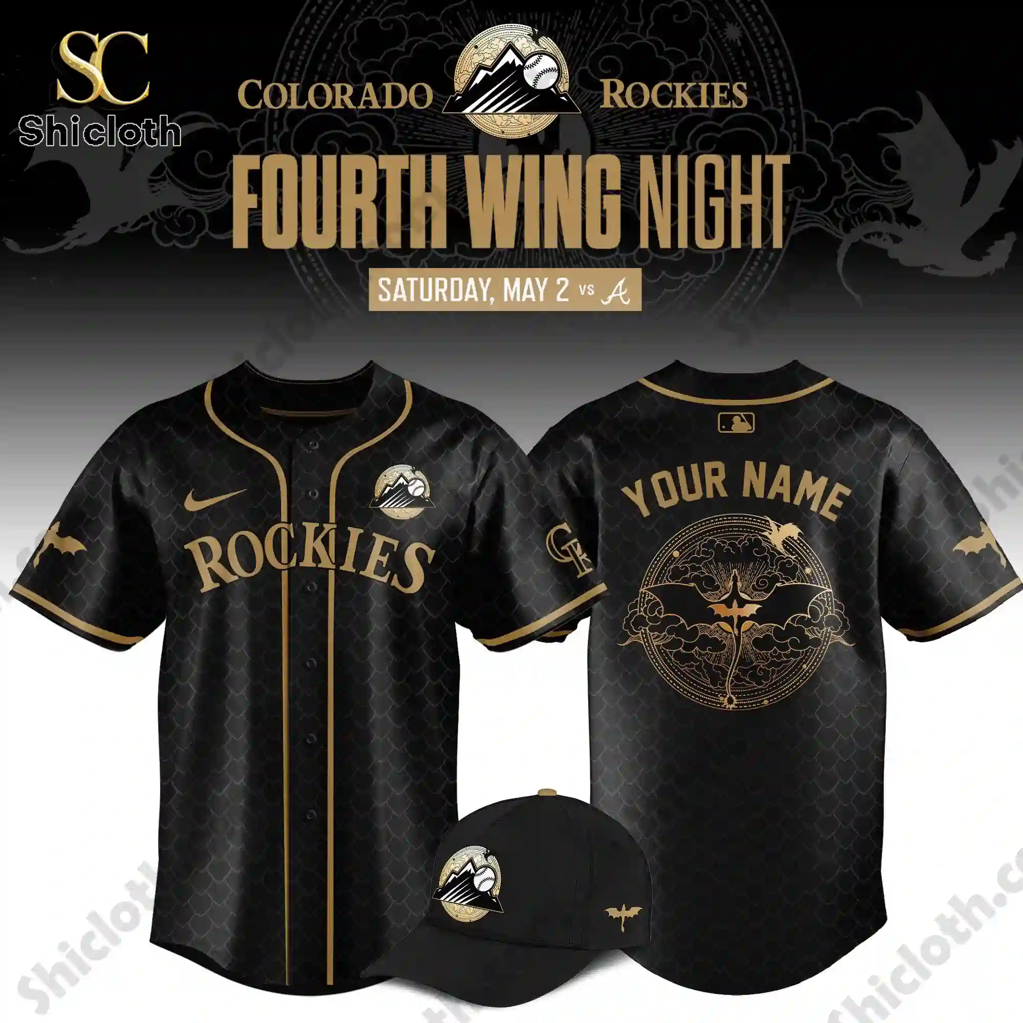Front and back view of Colorado Rockies Fourth Wing Night limited edition custom jersey with matching cap