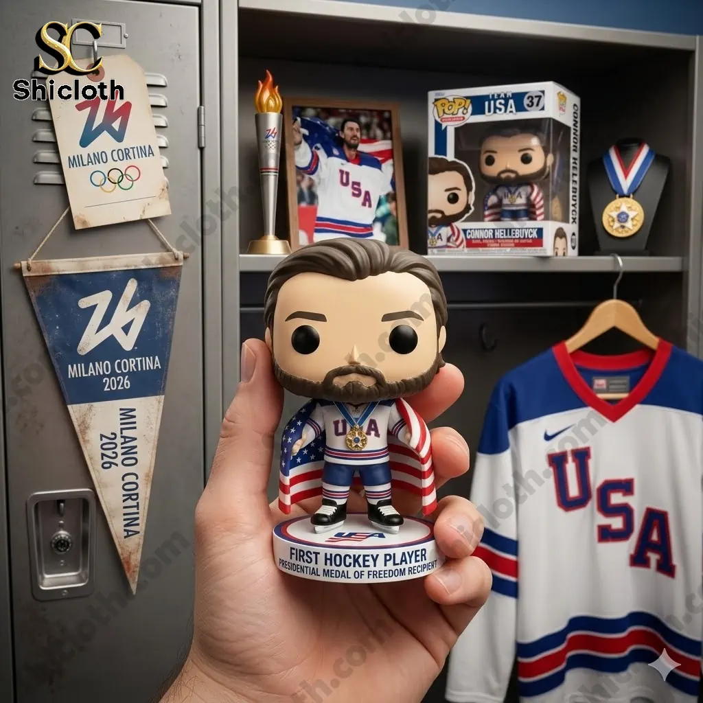 Connor Hellebuyck vinyl figure in USA hockey uniform with medal displayed in locker room setting