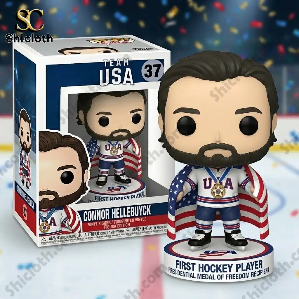Connor Hellebuyck 2026 Winter Olympic Gold & Presidential Medal Pop Figure Doll 3 Connor Hellebuyck USA hockey vinyl figure with medal on ice rink background