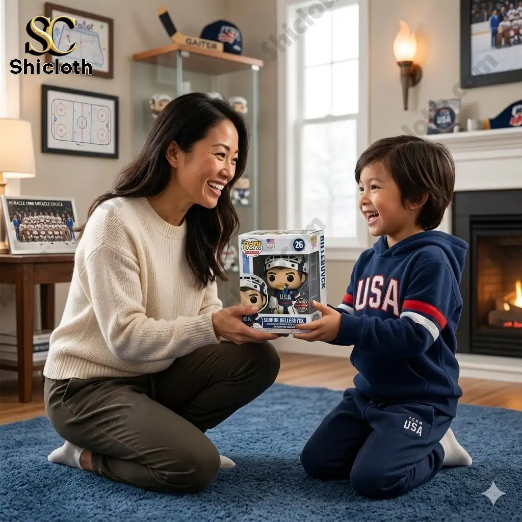 Mother giving child Connor Hellebuyck Team USA goalie figure in cozy living room!