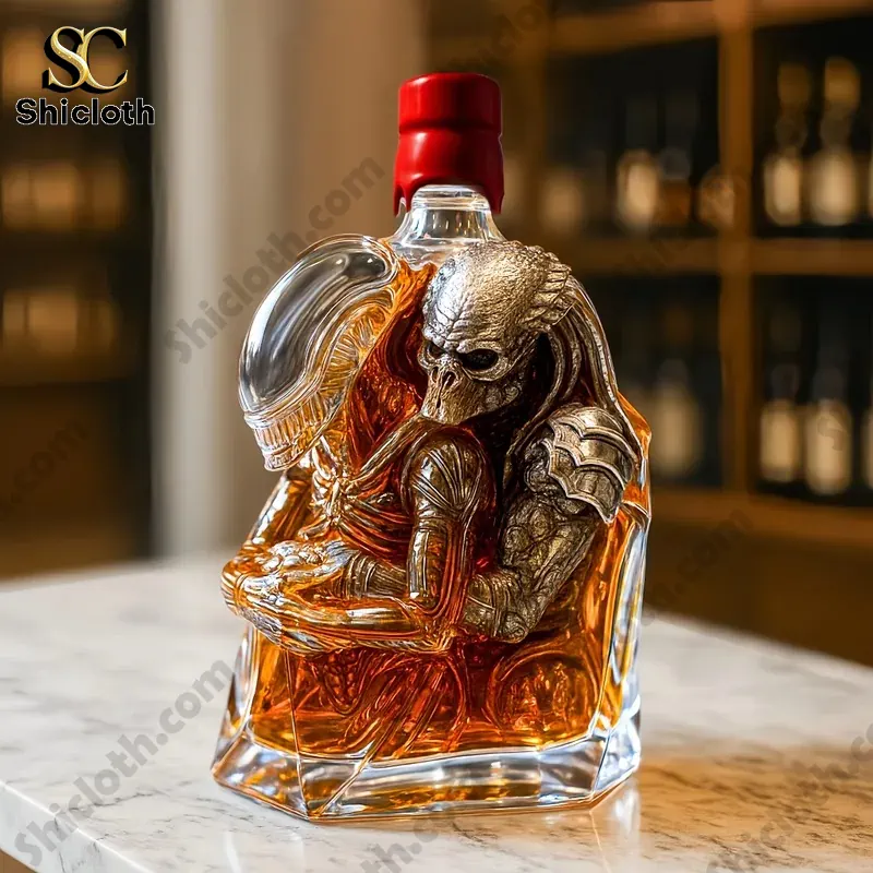 Alien sculpted whiskey bottle with a red cap on a marble table.