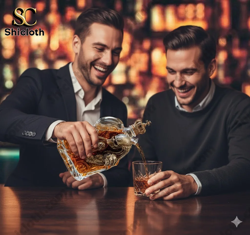 Two men pouring whiskey from an alien sculpted bottle at a bar.