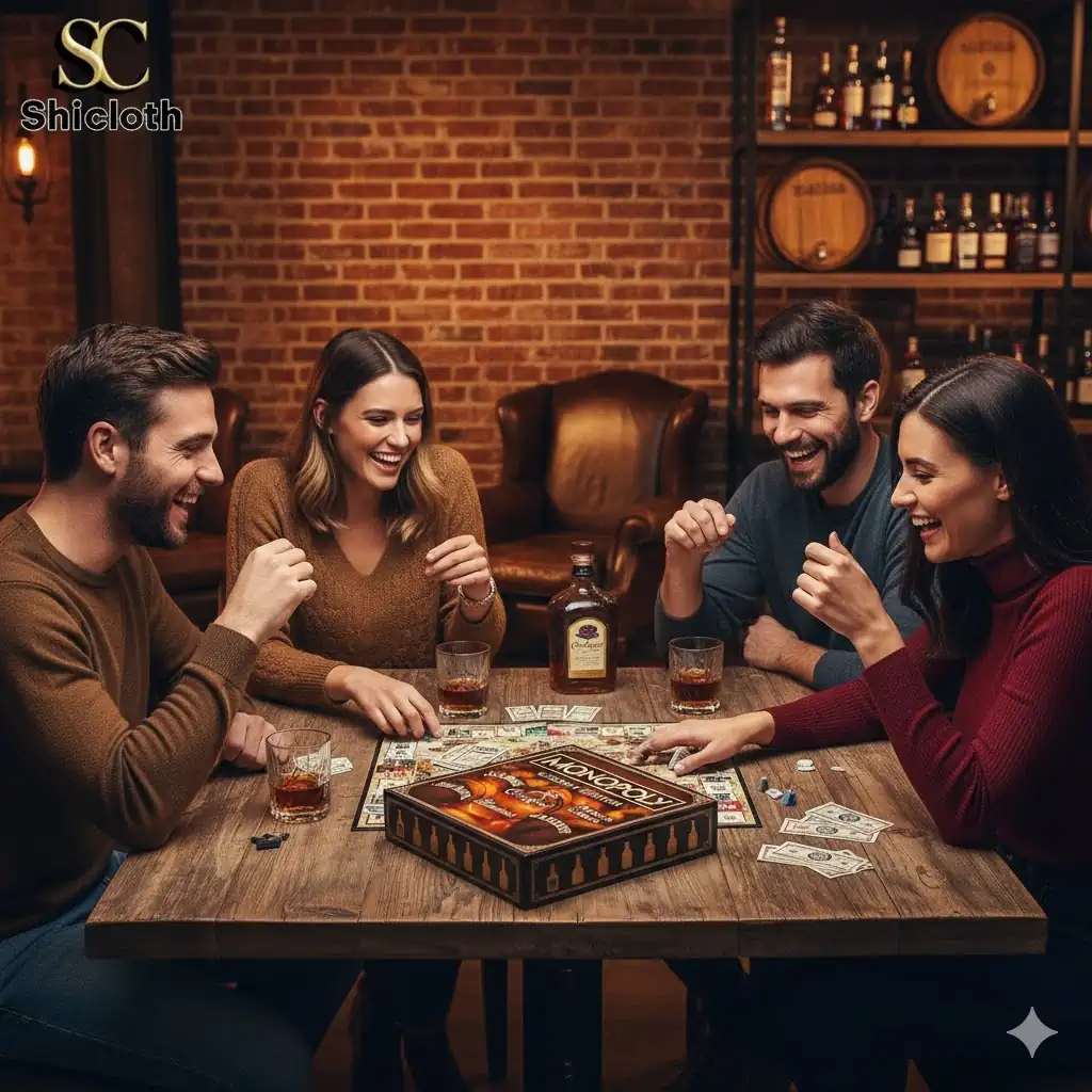 Friends playing Monopoly Whiskey Edition at a cozy bar table.