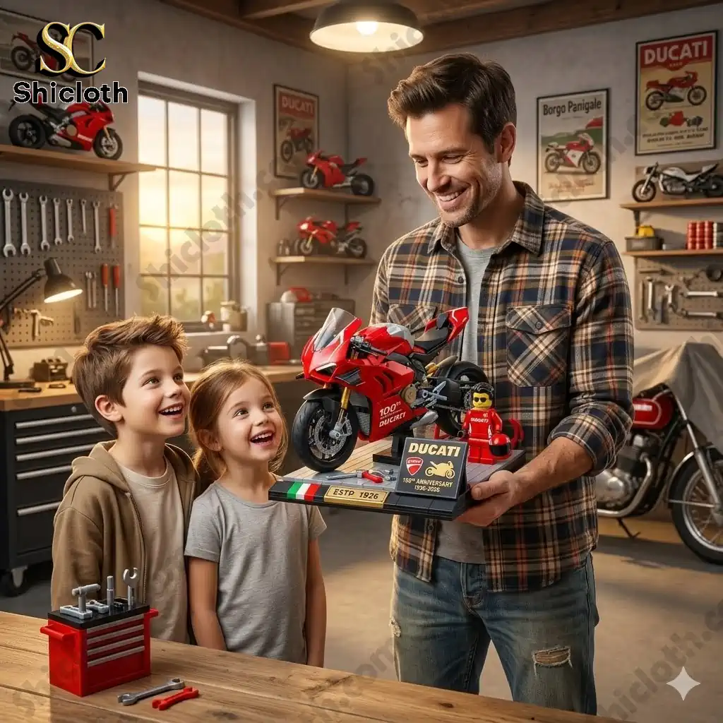 Father showing Ducati 100th Anniversary Brick Edition model to two happy children in a workshop