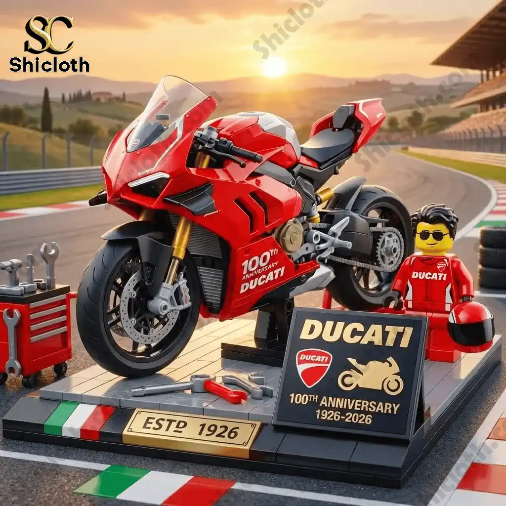 Ducati 100th Anniversary Brick Edition model displayed on a racetrack at sunset