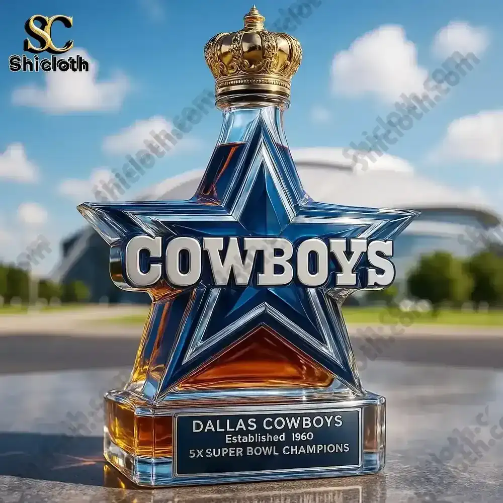 Dallas Cowboys star shaped whiskey bottle with crown cap displayed outdoors in front of a stadium!