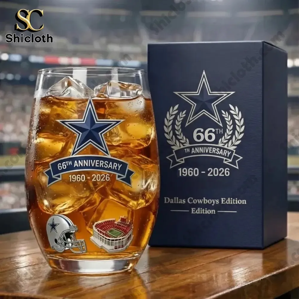 Dallas Cowboys 5x Super Bowl Champions Christmas Whiskey Bottle And Glass Combo Set 3 Dallas Cowboys whiskey glass with ice and 66th anniversary logo beside a matching anniversary gift box!