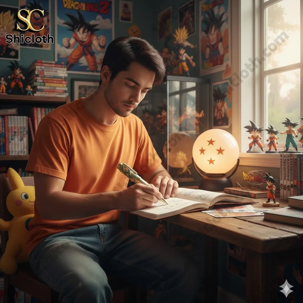 Man writing in a notebook using Dragon Ball anniversary pen in anime themed room