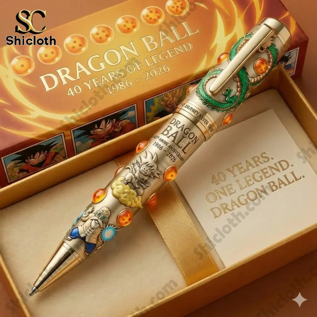 Close up of Dragon Ball 40 Years Anniversary pen in premium Shiclothg gift box