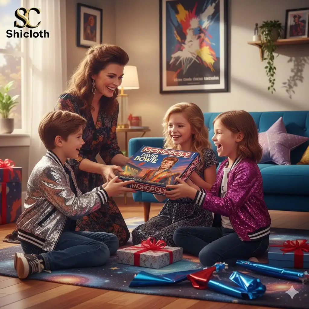 Family opening a David Bowie Monopoly board game gift in a cozy living room.