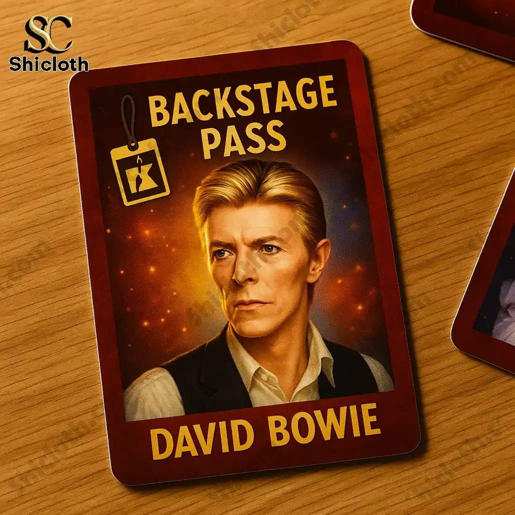 Close up of a Backstage Pass card featuring David Bowie artwork on a wooden table.