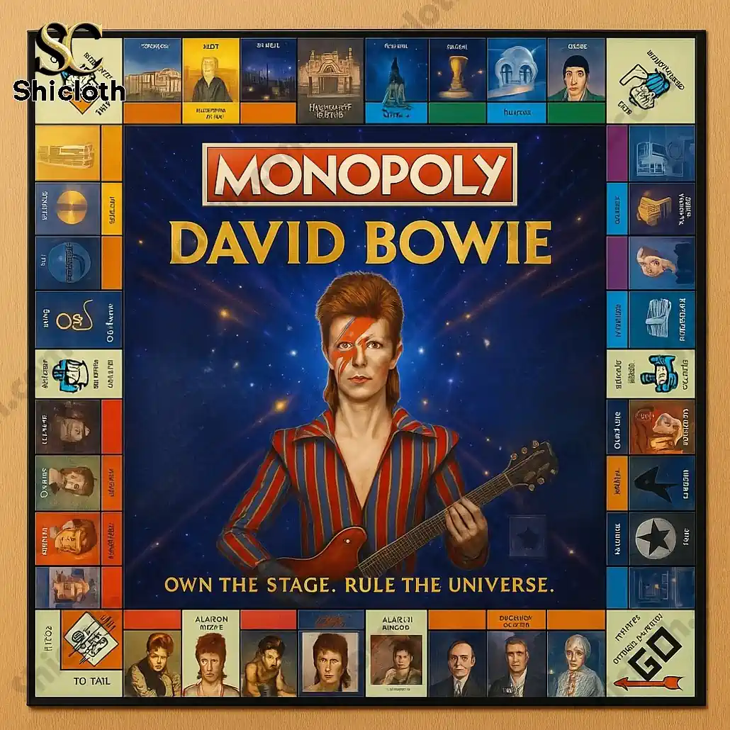 David Bowie Musician Monopoly Game 4 Full view of a David Bowie Monopoly board with themed spaces and character artwork.