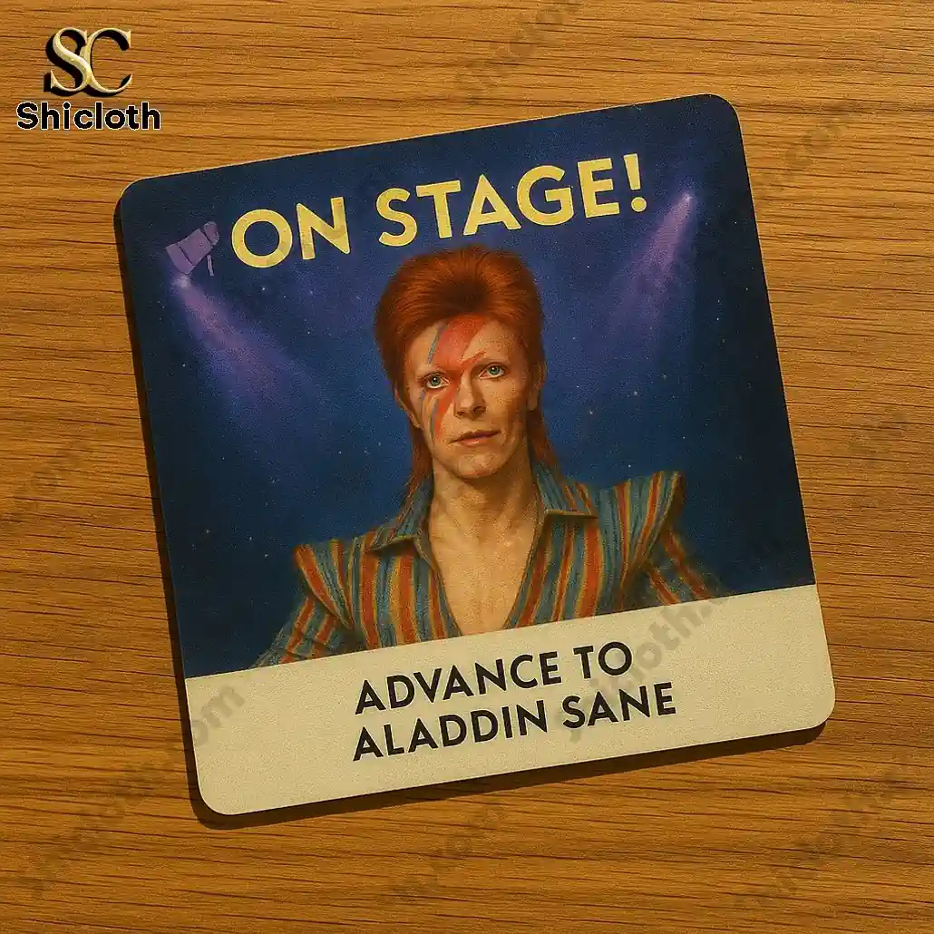 David Bowie Musician Monopoly Game 6 On Stage card showing David Bowie with Aladdin Sane theme on a wooden surface.
