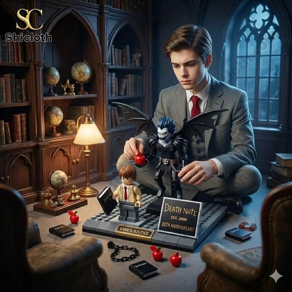 Brick figures of Light and Ryuk on a Death Note anniversary display base in a classic library setting.