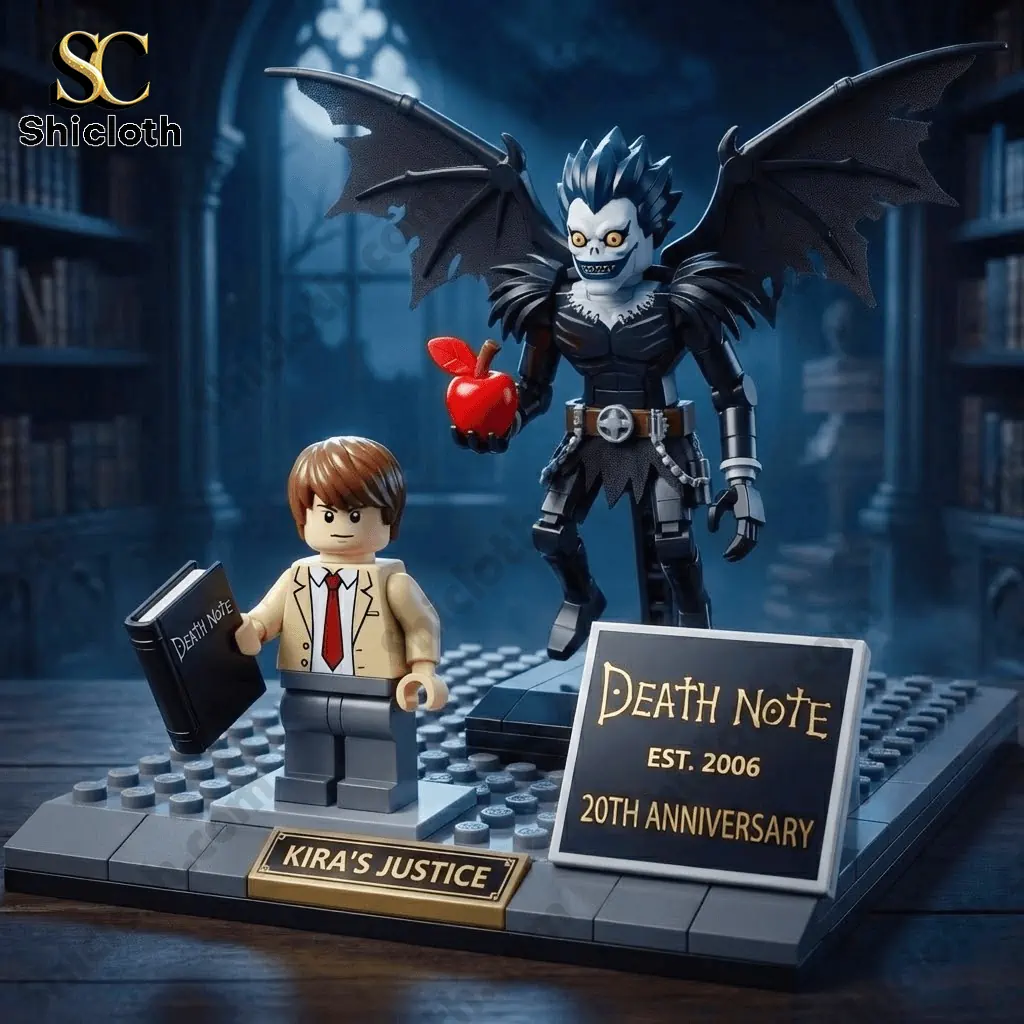 Close up brick figures of Light and Ryuk with Death Note anniversary sign and apple detail.