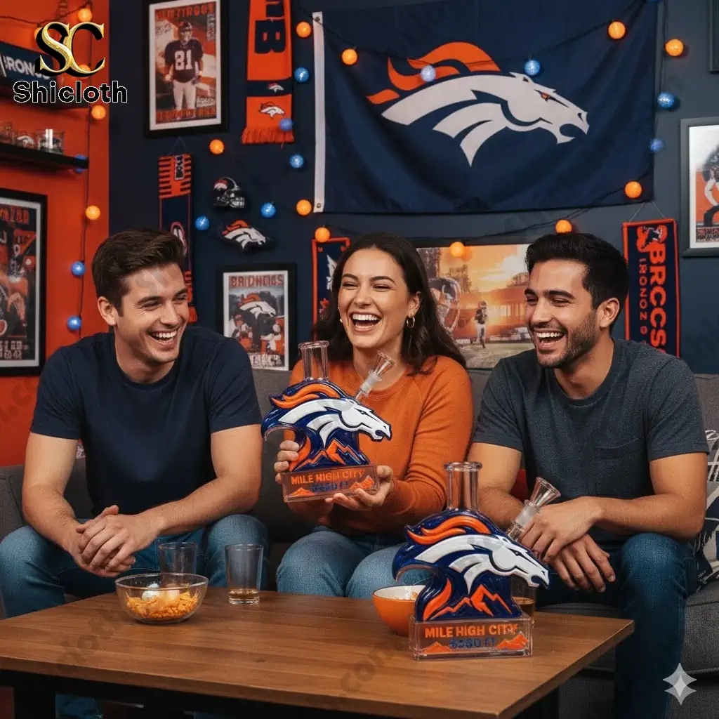 Three friends smiling on a couch holding Denver Broncos Mile High City glass water pipe in a decorated fan room!