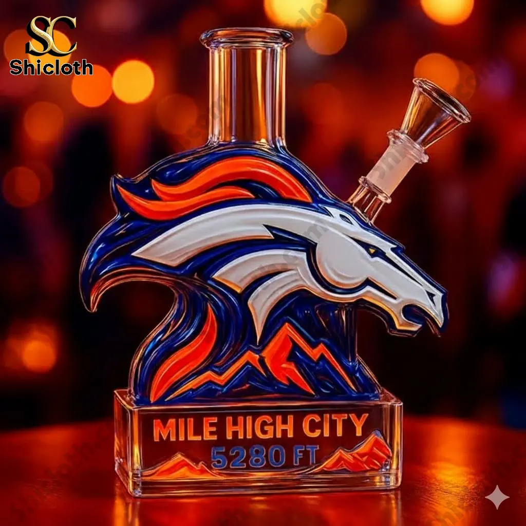 Close up of Denver Broncos Mile High City glass water pipe with glowing background lights!