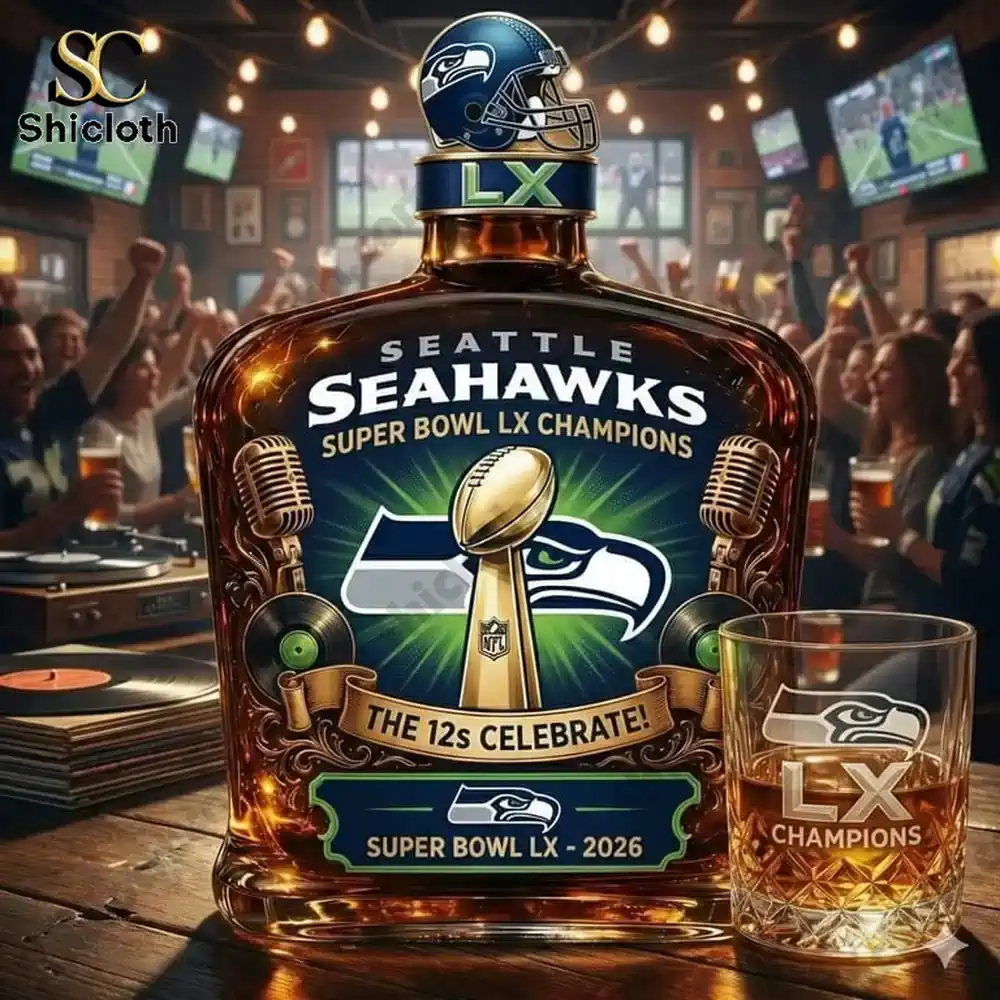 Seattle Seahawks Super Bowl LX commemorative whiskey bottle with fan celebration in the background.