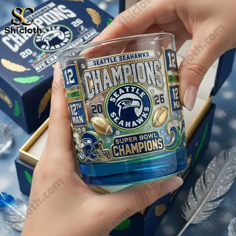 Seattle Seahawks Super Bowl LX Champions 2026 Whiskey Bottle And Glass Combo Set 4 Seattle Seahawks Super Bowl LX commemorative glass with gift box.