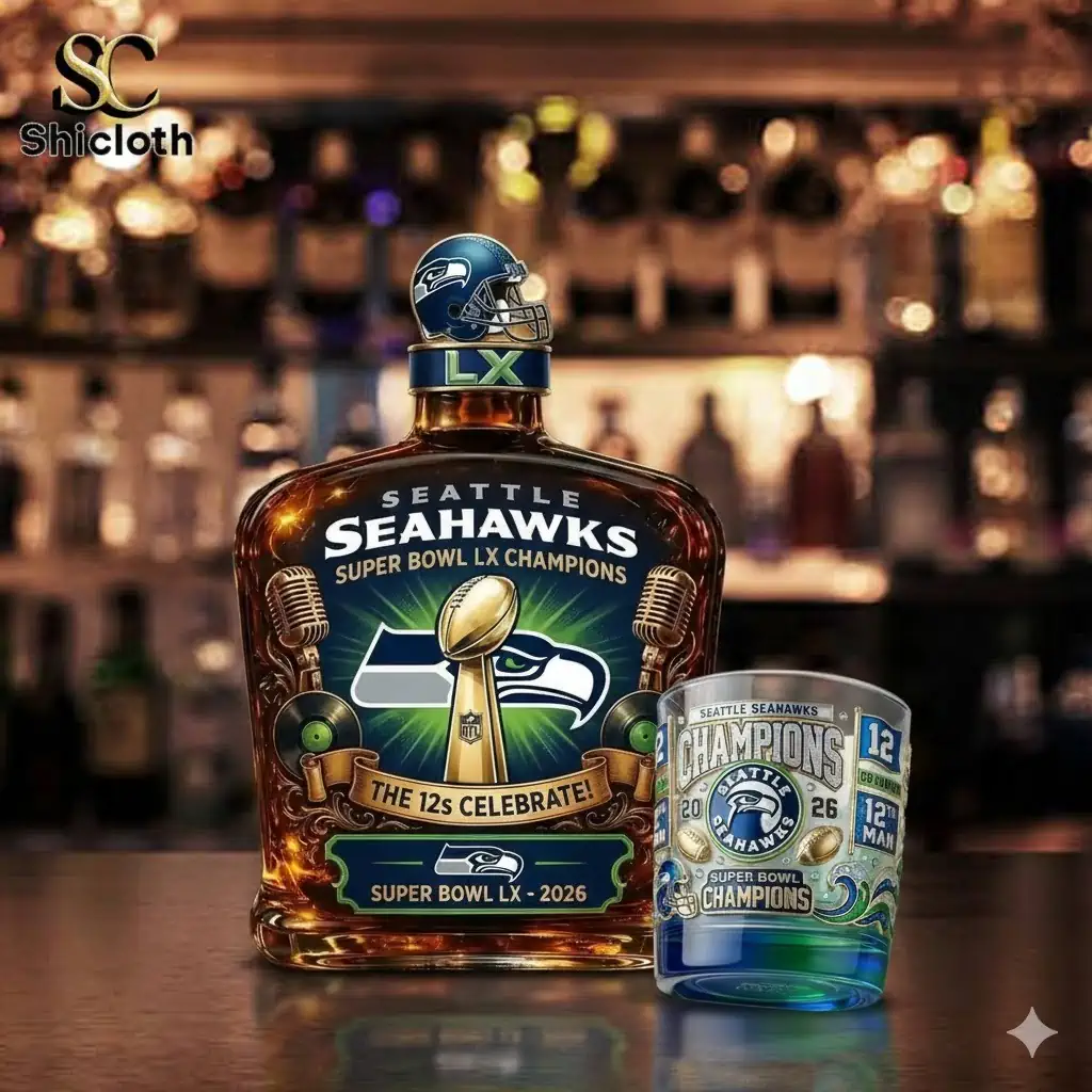 Seattle Seahawks Super Bowl LX whiskey bottle and commemorative glass together.