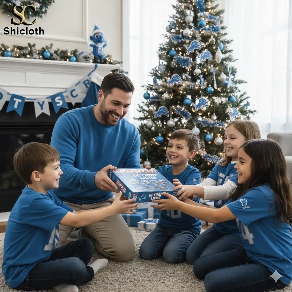 Detroit Lions fan family opening a Monopoly board game gift by a Christmas tree!