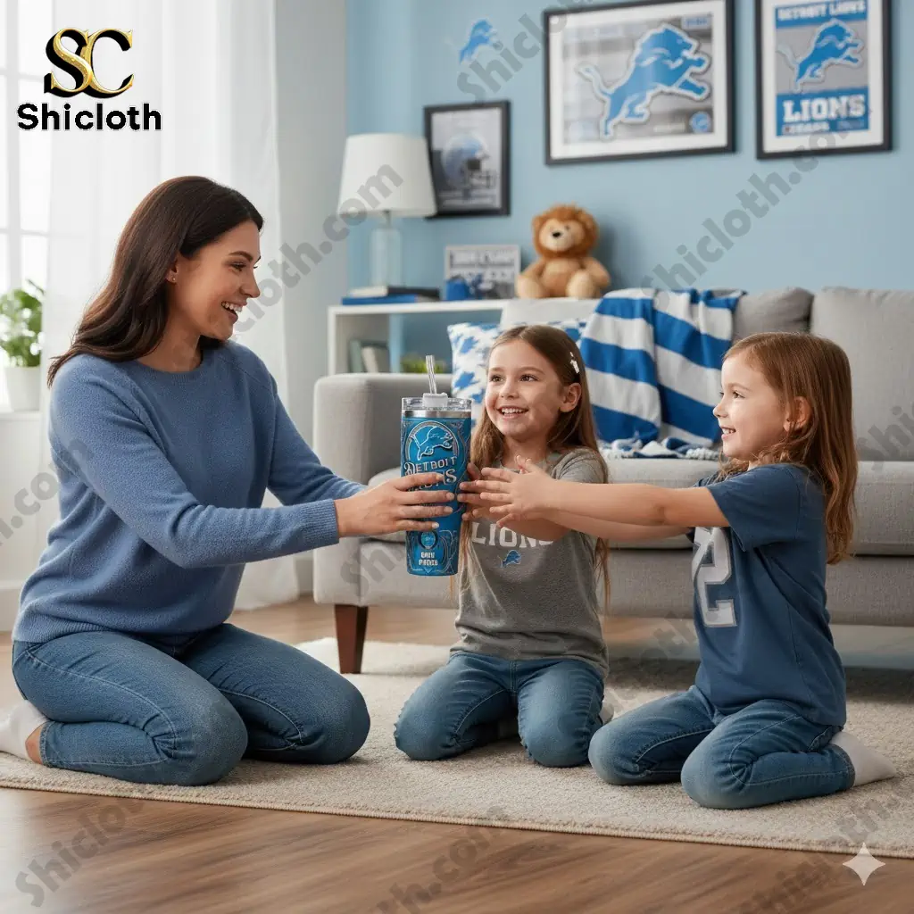 Mother and two daughters holding Detroit Lions One Pride tumbler in Lions themed living room.