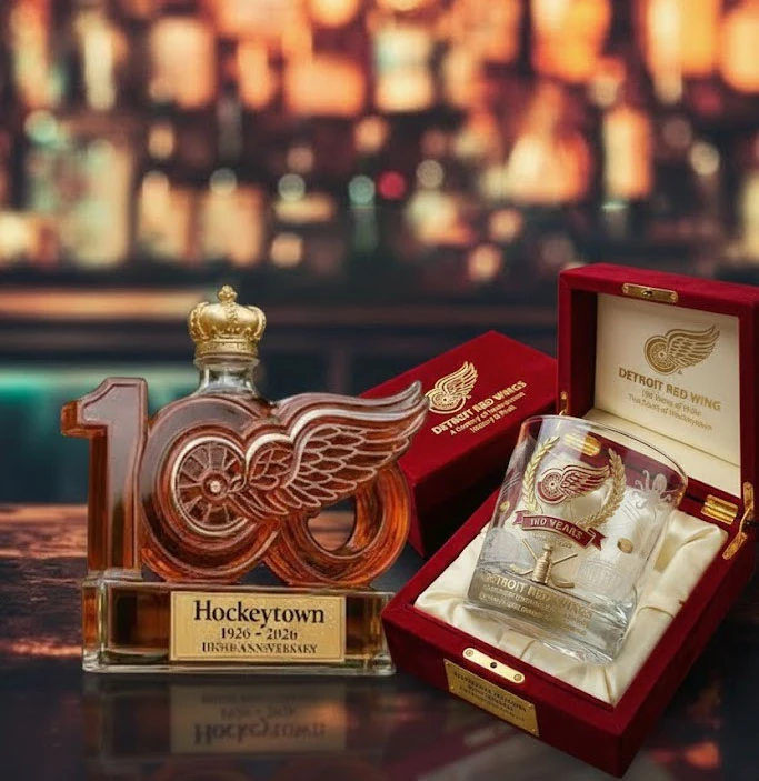 Detroit Red Wings centennial glass decanter with winged wheel design in luxury box!