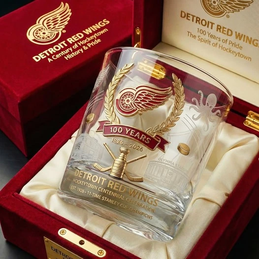 Detroit Red Wings centennial whiskey glass displayed in red velvet gift box!