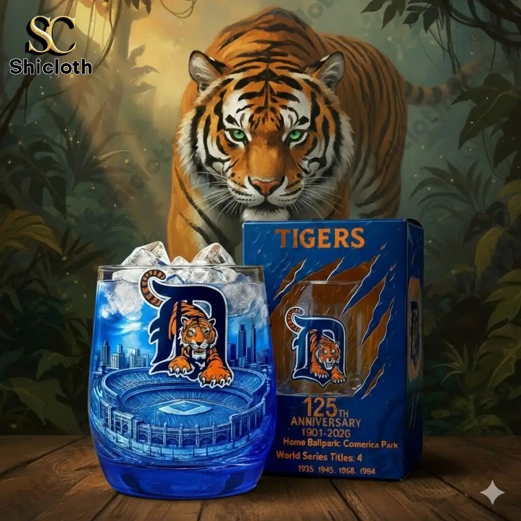 Detroit Tigers 125th Anniversary whiskey glass with product box and tiger artwork background!