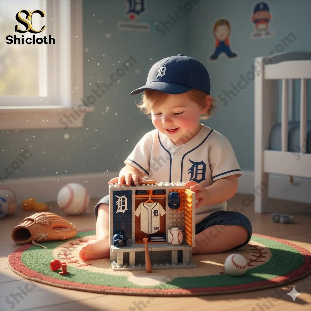 Baby wearing Detroit Tigers outfit playing with baseball locker toy!