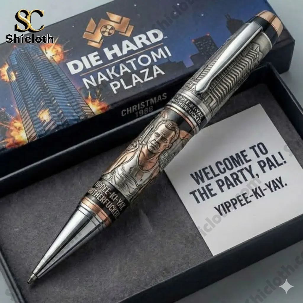 Close up of Die Hard Nakotomi Plaza pen in gift box with card and Shiclothg logo!