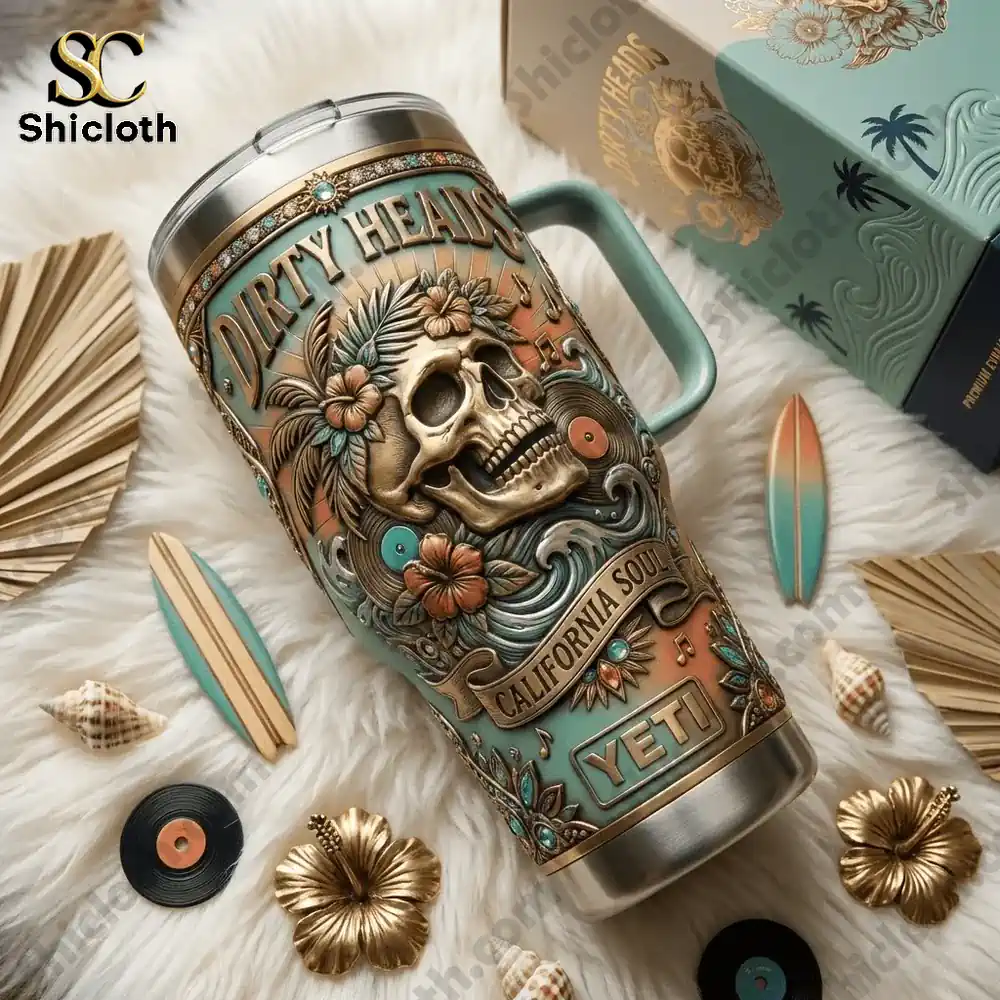 Dirty Heads California Soul YETI Tumbler 3 Dirty Heads California Soul Yeti tumbler with skull art on decorative background!