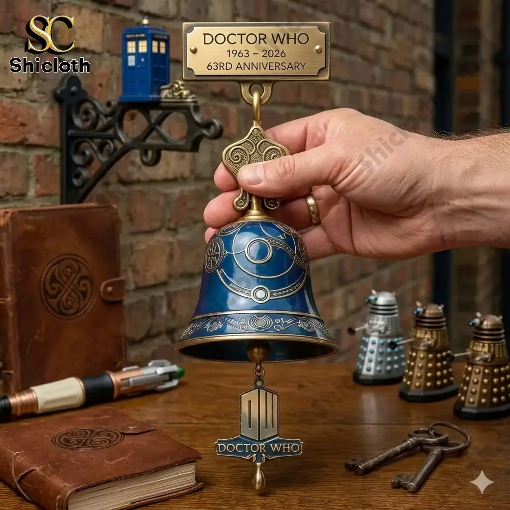 Hand holding Doctor Who anniversary bell on wooden desk with sci fi props!