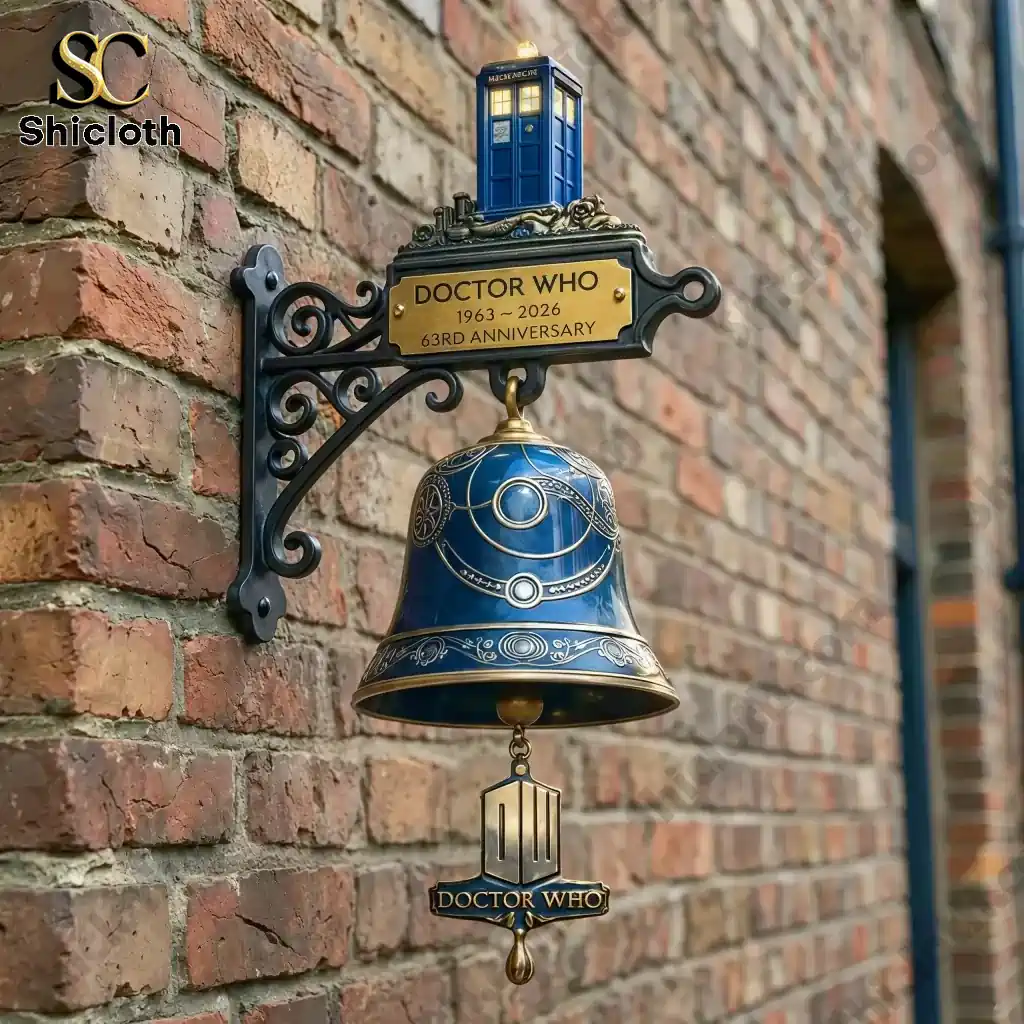 Doctor Who anniversary bell mounted on brick wall with decorative bracket!