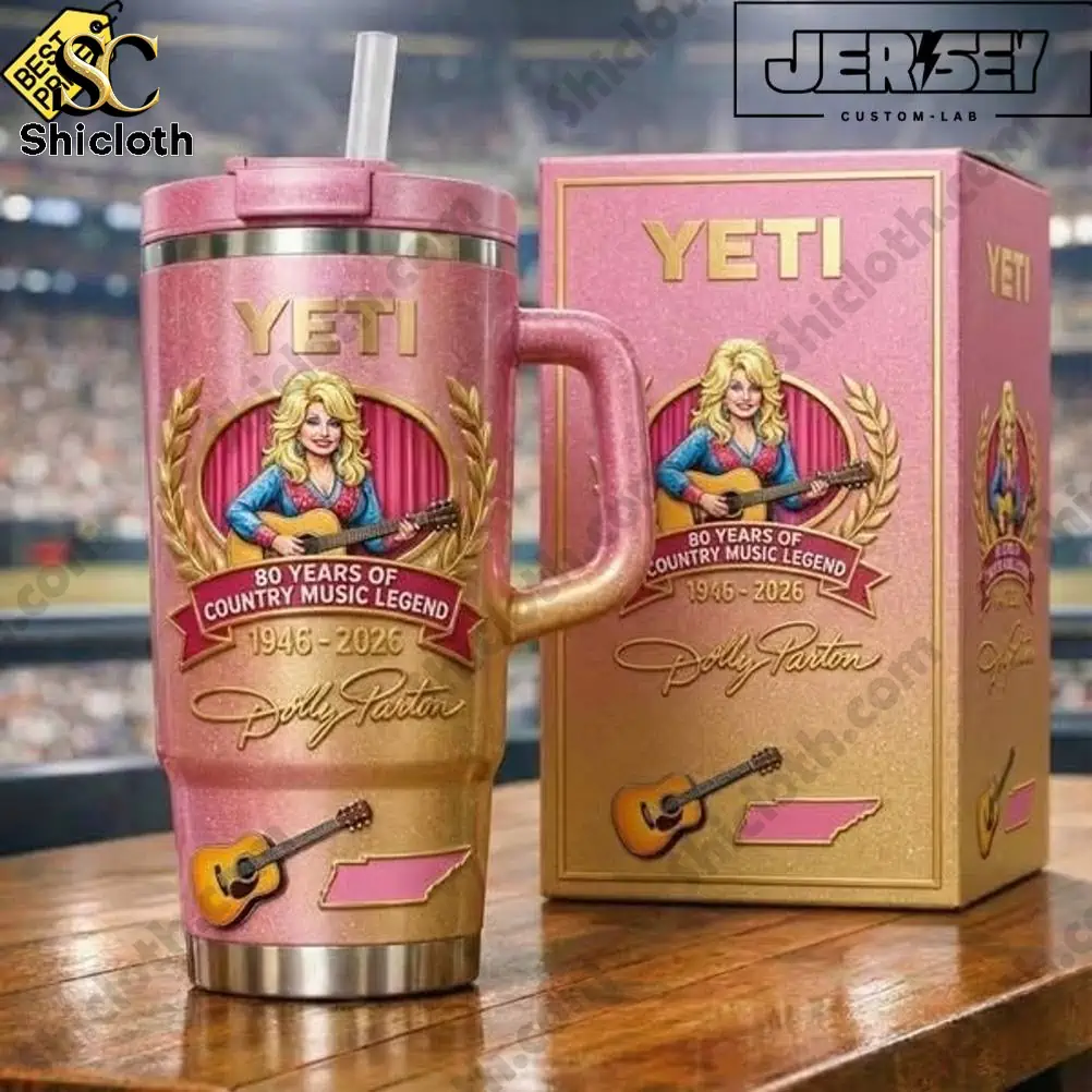 Pink YETI Dolly Parton 80 Years of Country Music Legend tumbler displayed with matching box.