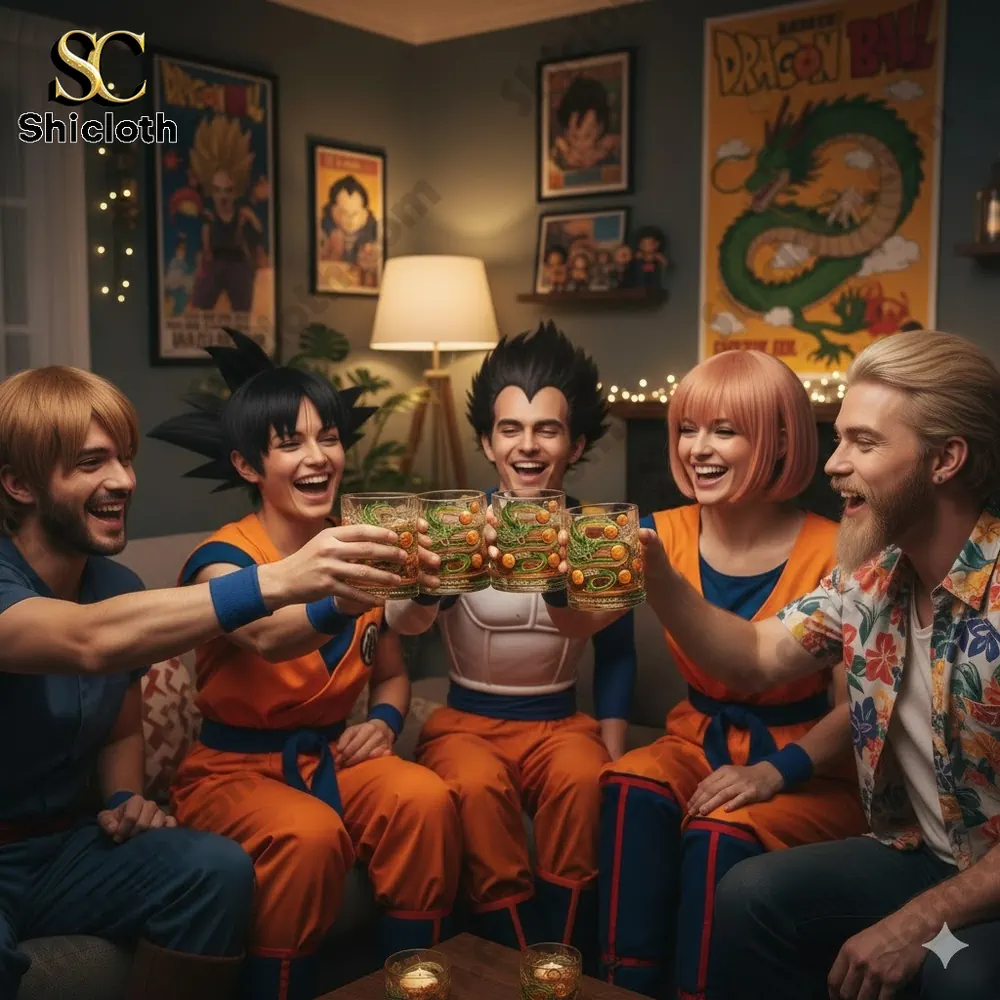 Group of friends in Dragon Ball cosplay cheering with themed glasses at home