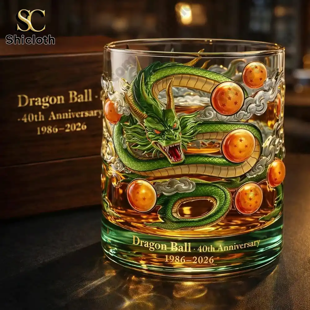 Dragon Ball Shenron themed anniversary glass on table