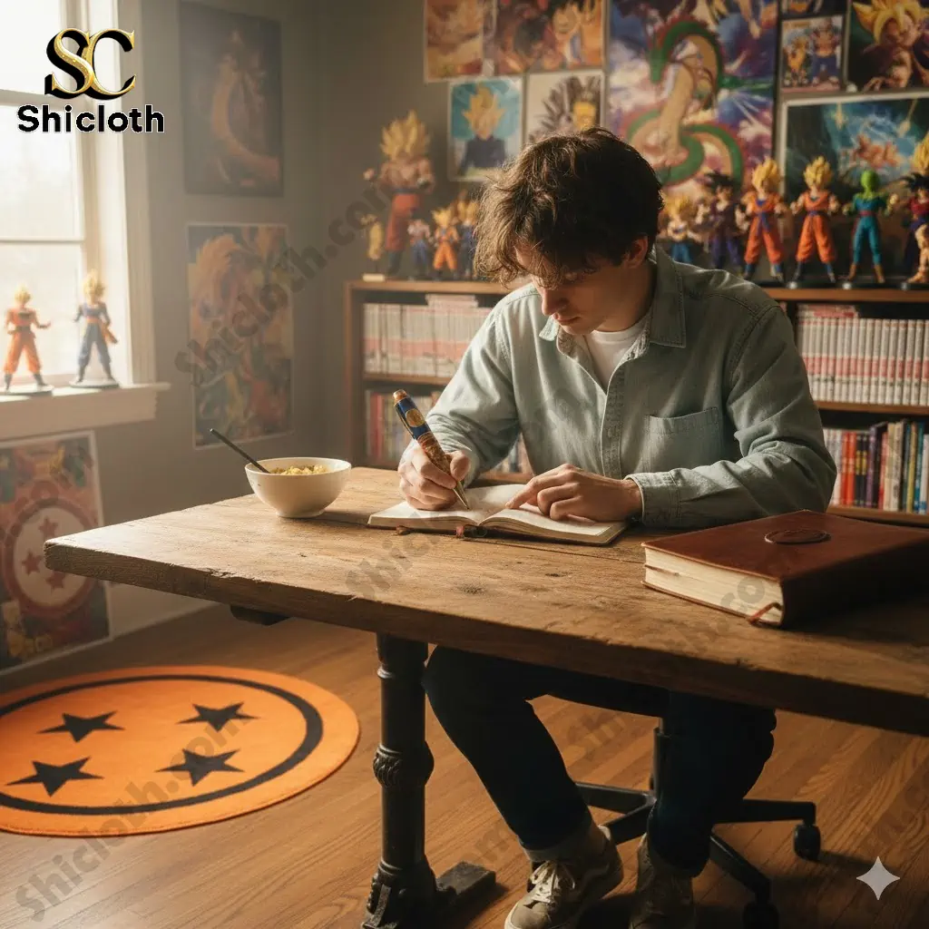 Young man writing in a notebook at a wooden desk in a Dragon Ball themed room