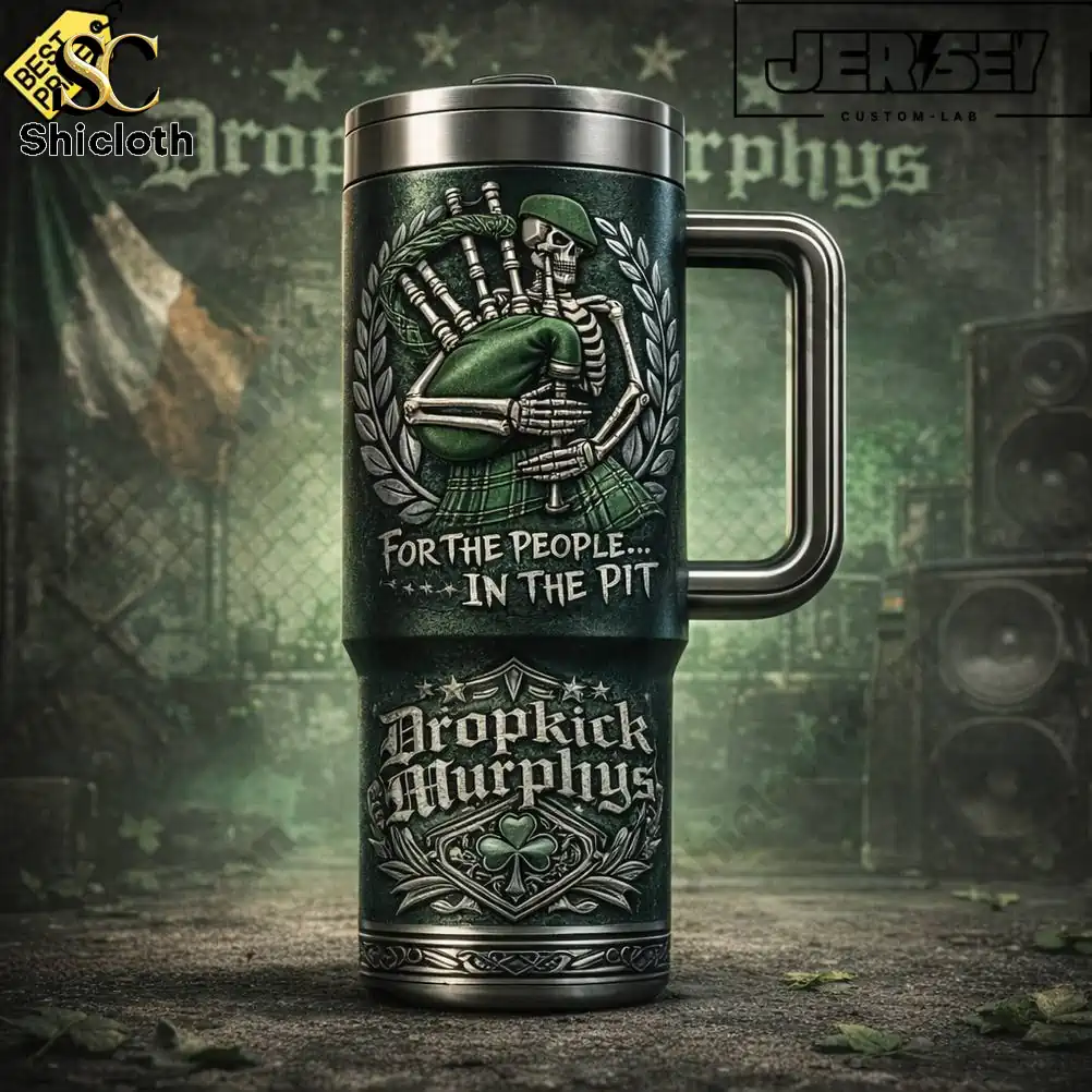 Close up of Dropkick Murphys For The People In The Pit tumbler with skull and bagpipes design!Close up of Dropkick Murphys For The People In The Pit tumbler with skull and bagpipes design!