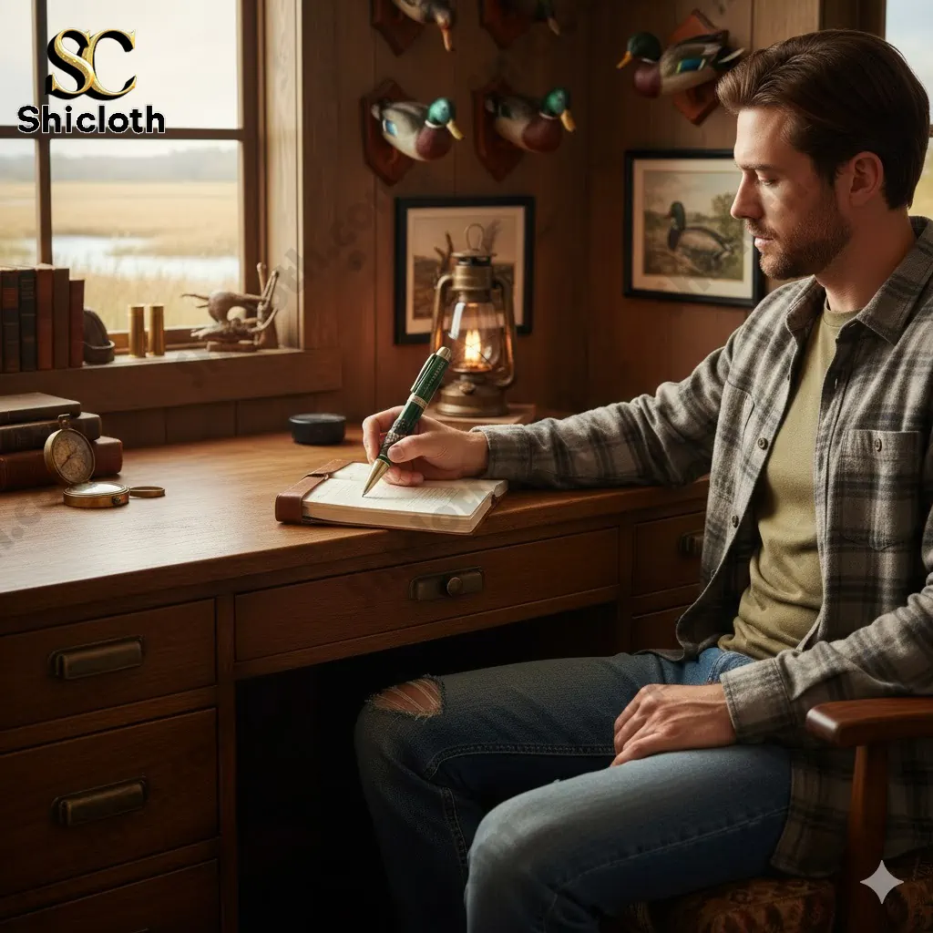 Man writing in notebook with Duck Hunting Pen in rustic hunting room!