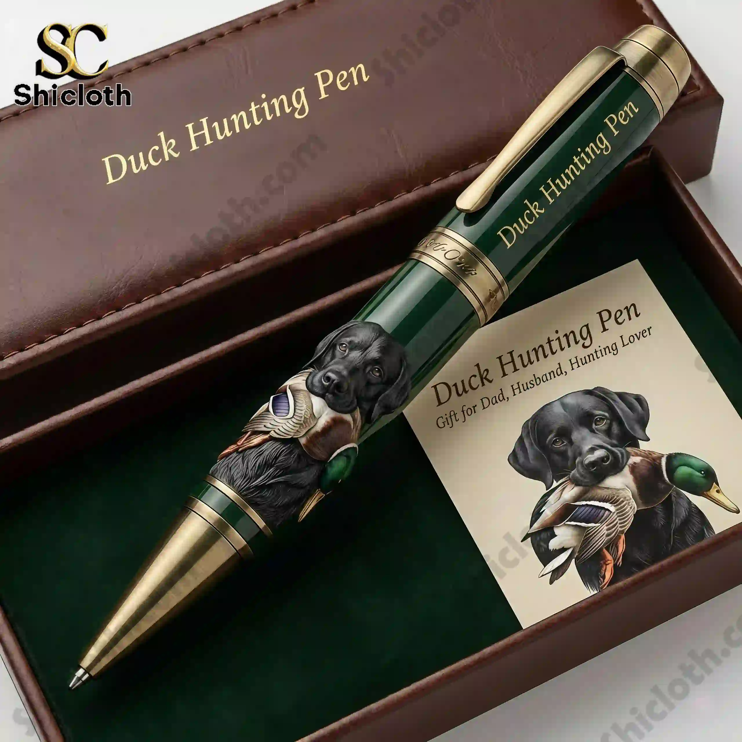 Close up of Duck Hunting Pen gift box with dog and duck design!