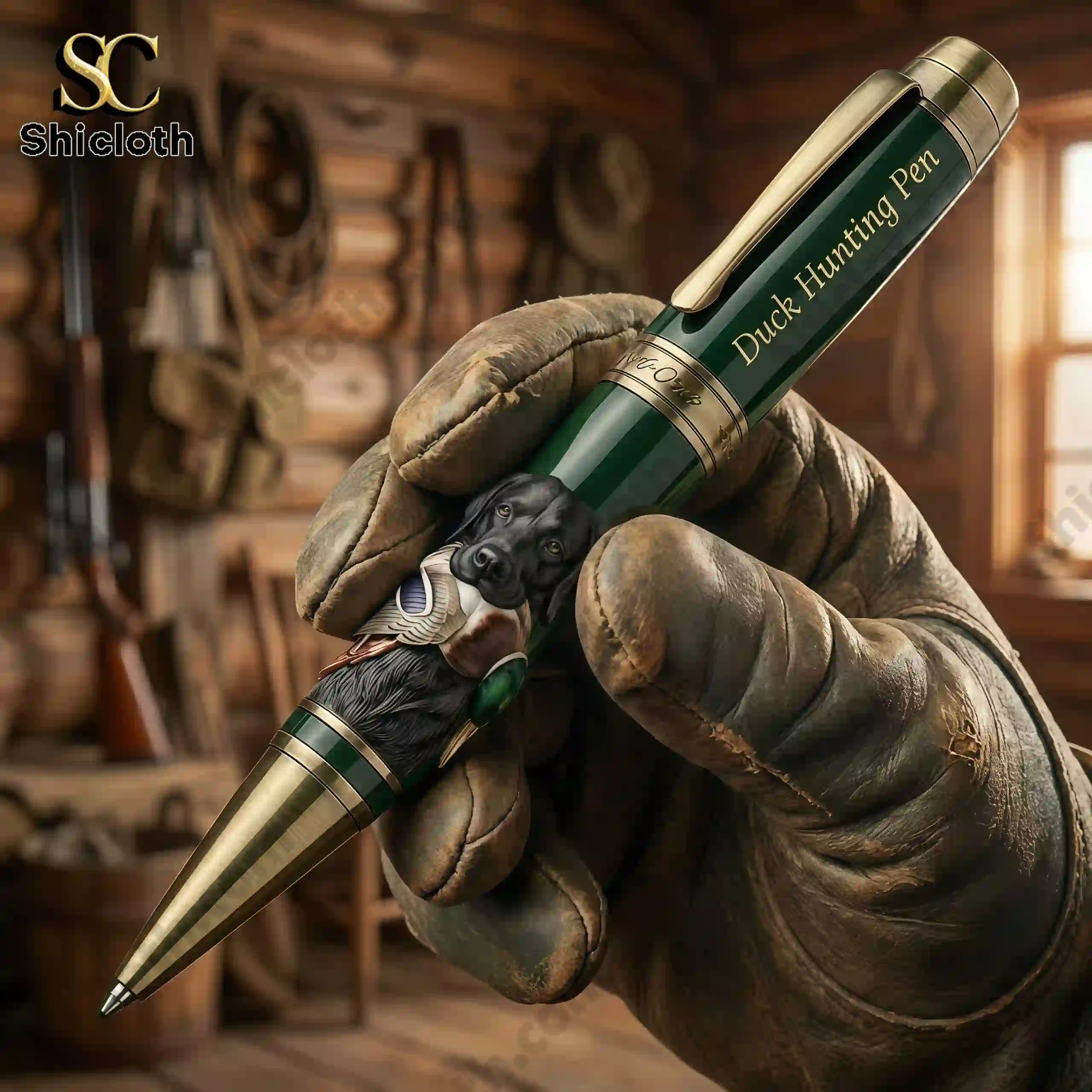 Duck Hunting Pen 3 Hand holding Duck Hunting Pen in hunting cabin setting!