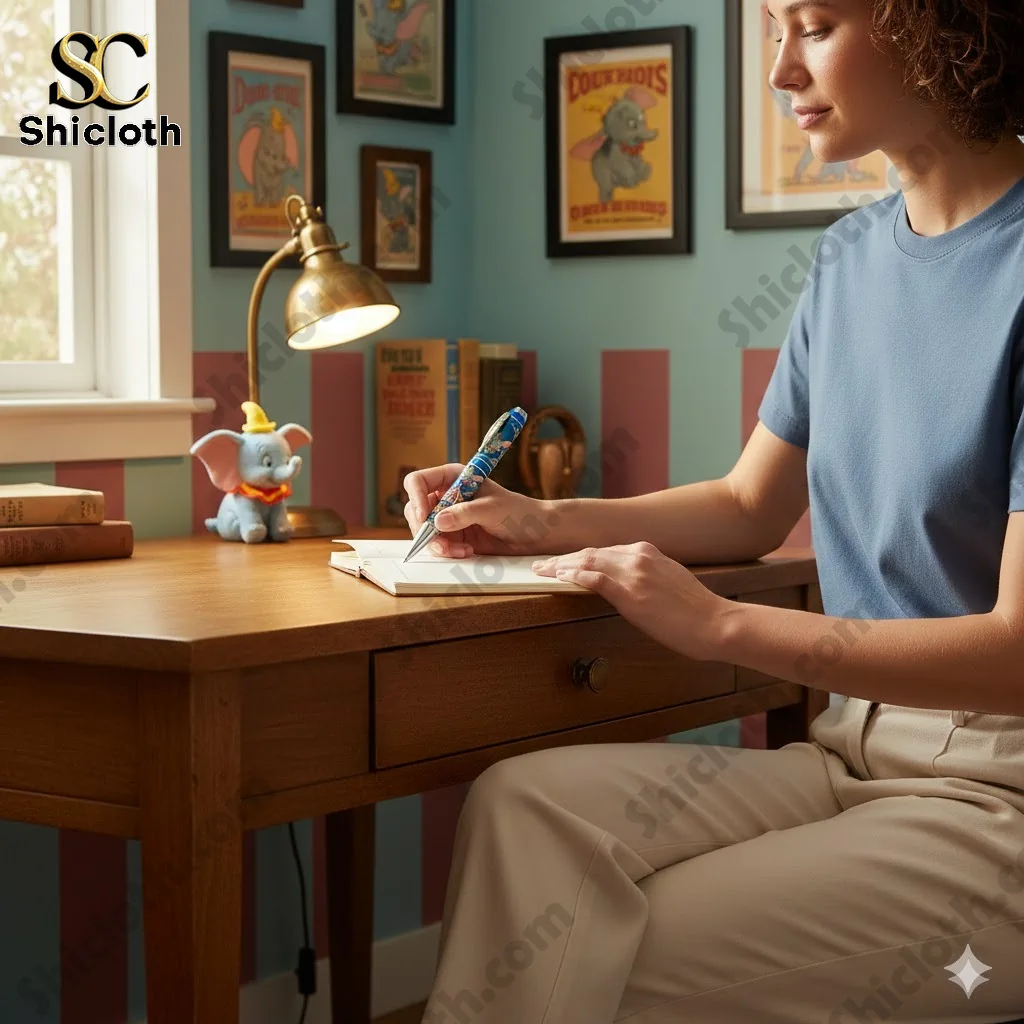 Woman writing in a notebook with Dumbo commemorative pen at wooden desk!
