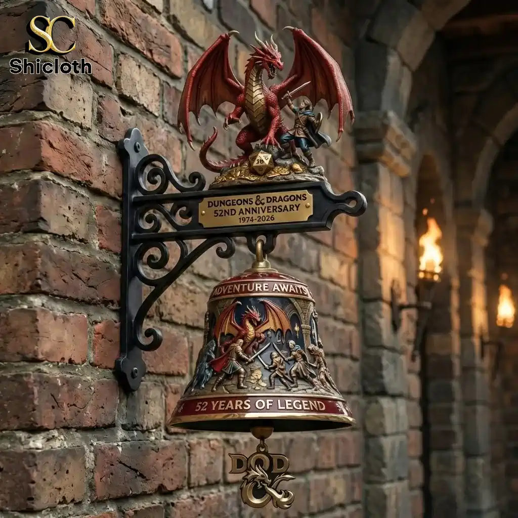 Dungeons and Dragons 52nd Anniversary commemorative wall bell mounted on brick wall with dragon and warrior figure
