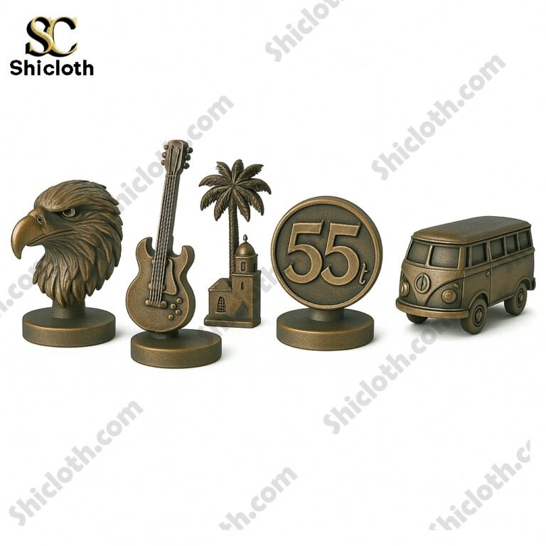 Metal game tokens from Monopoly Eagles 55th Hotel California Edition featuring eagle guitar coin and van