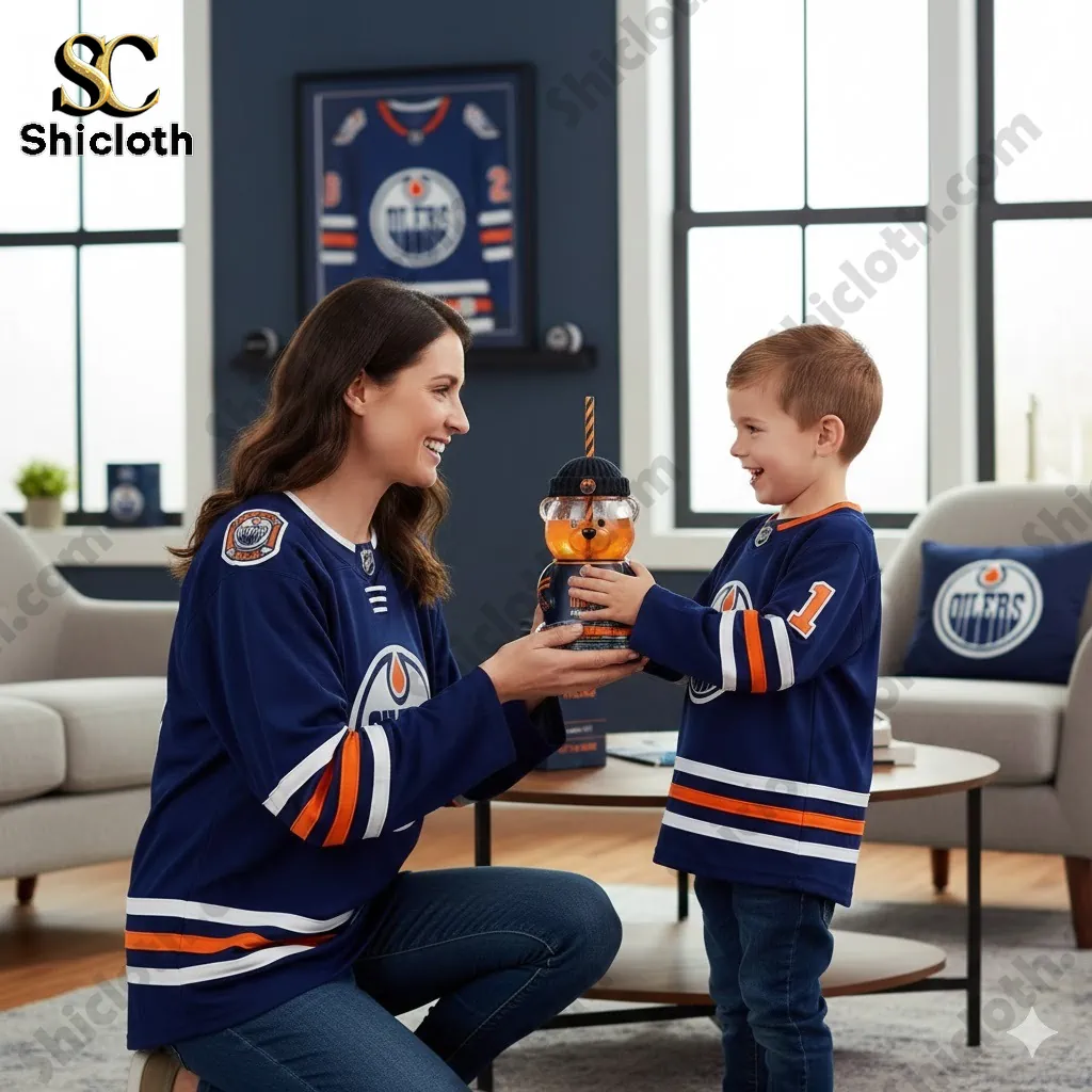 Mother and child wearing Edmonton Oilers jerseys holding a bear cup!
