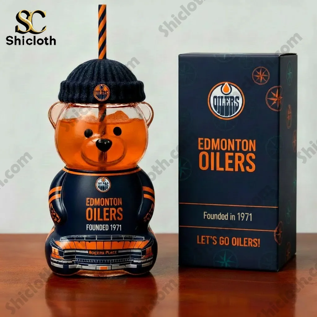Edmonton Oilers anniversary bear cup displayed beside product box!