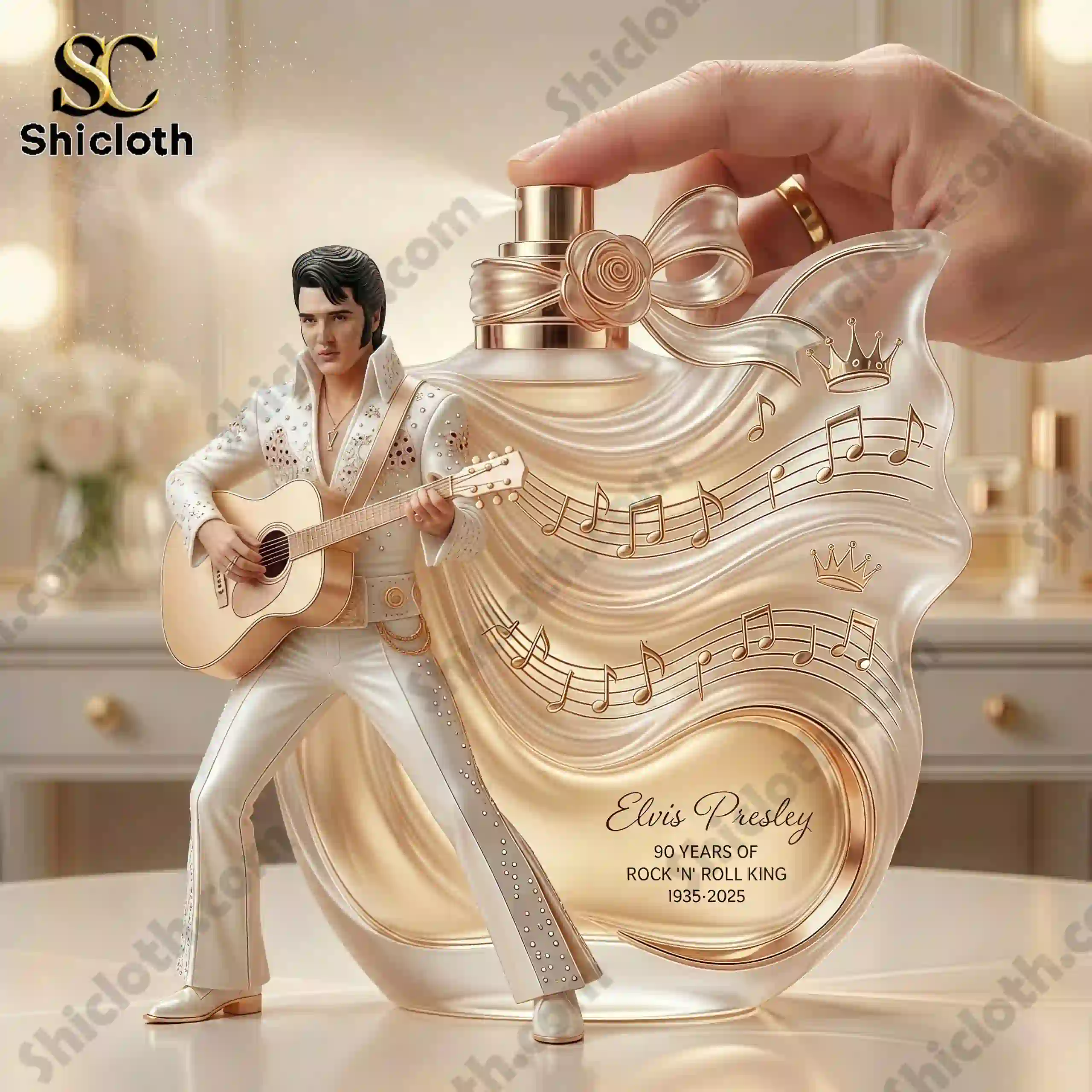 Close up of Elvis Presley commemorative perfume bottle with gold bow and Elvis figure holding a guitar!