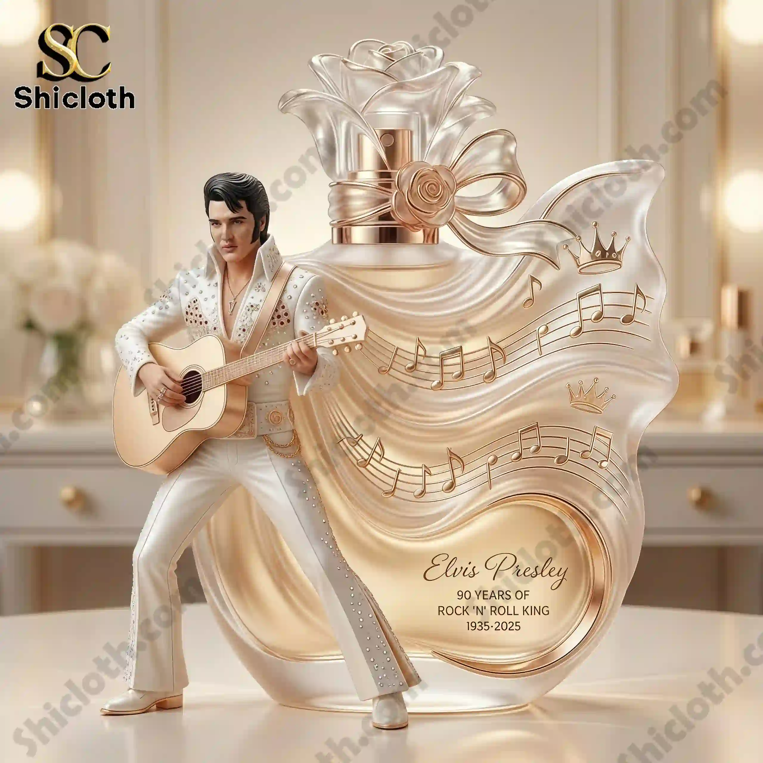 Elvis Presley 90th Anniversary Commemorative Perfume Bottle 3 Elvis Presley commemorative perfume bottle with floral top and musical note design!